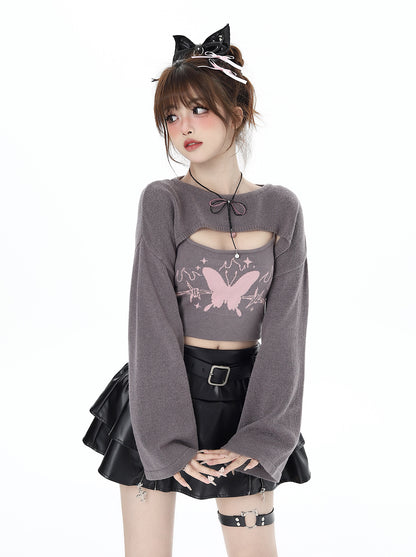 Crazy Girl Law of Attraction Butterfly Gray Pink Camisole Knit Shirt Two Piece Top