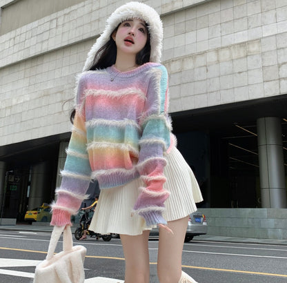 Rainbow Colorful Autumn Round Neck Fuzzy Sweater