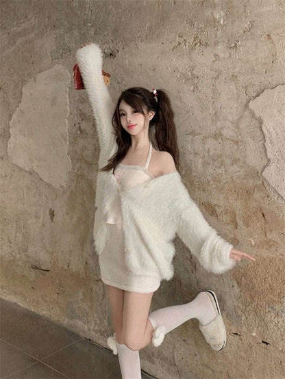 Autumn White Cream Teddy Bear Tank Top & Plush Mini Skirt & Long Faux Mink Fur Sweater Cardigan Three Piece Set