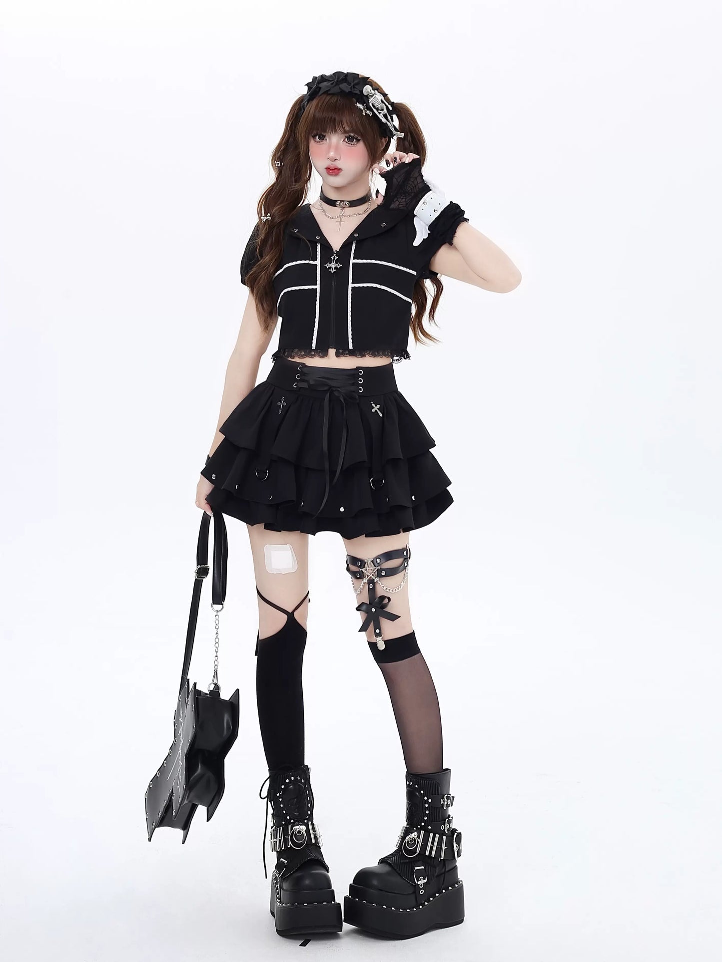 Crazy Girl Punk Aesthetics Cross Black Ruffle Skirt