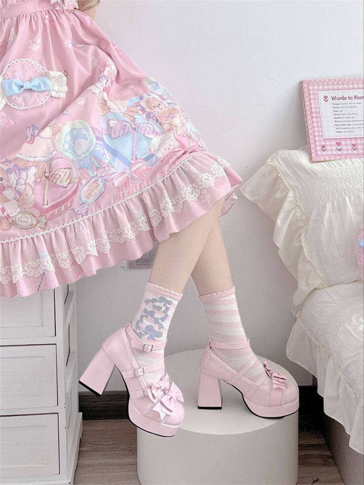 Cuckoo Lolita Princess Jane White Black Pink High Heels Shoes