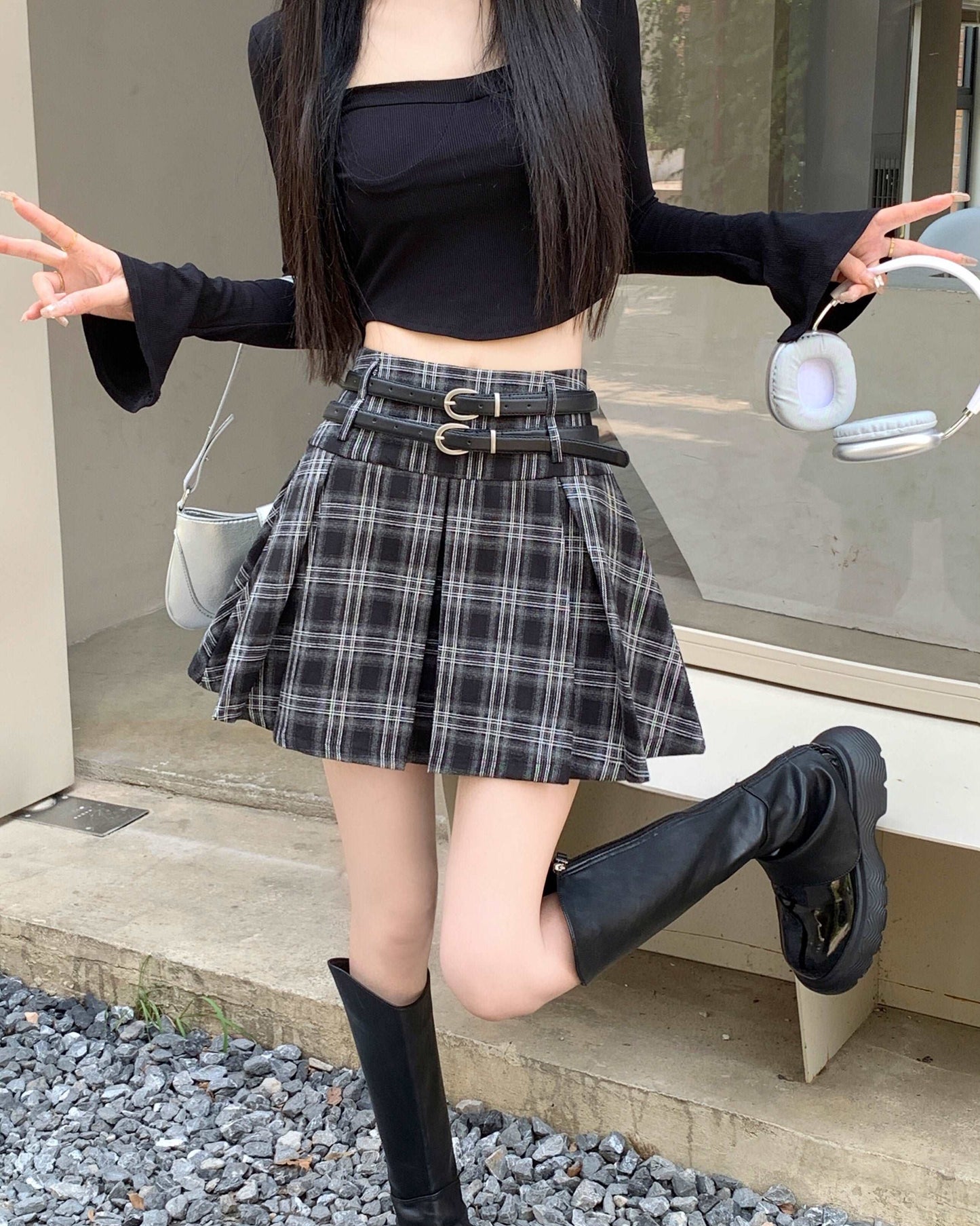 Brown Black Plaid Autumn Light Dark Academia Belt Pleated A-line Short Skirt