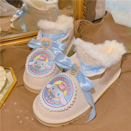 Pinky Coquette Cinnamon Dog Blue Bow Heart Winter Snow Cream Short Boots