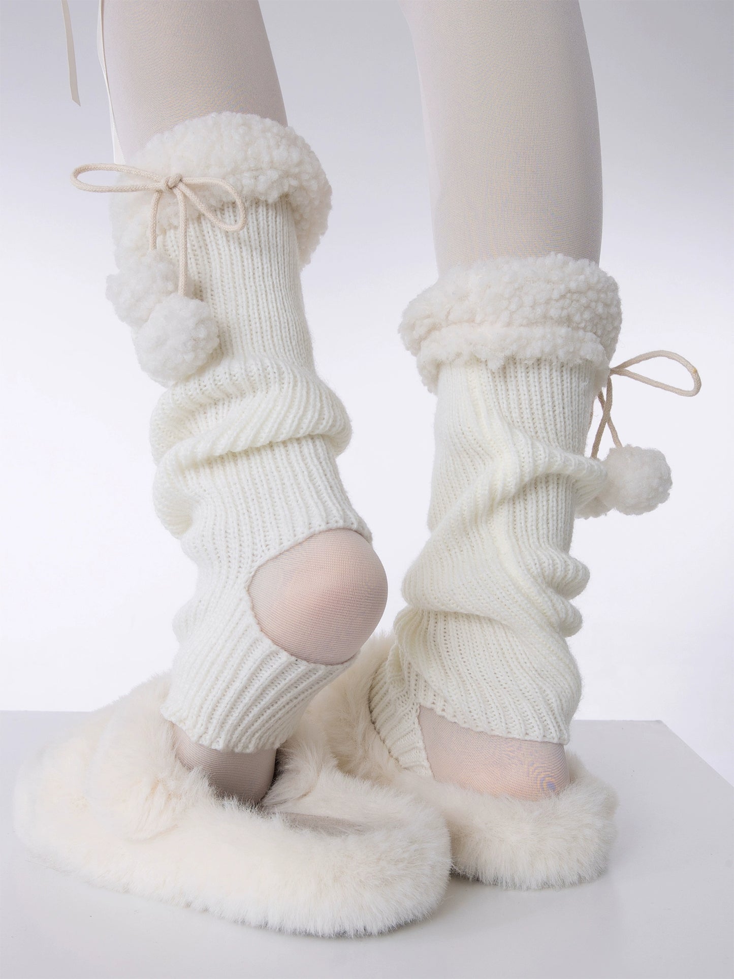 Winter Floor Knit White Beige Brown Gray Black Pompom Balls Socks