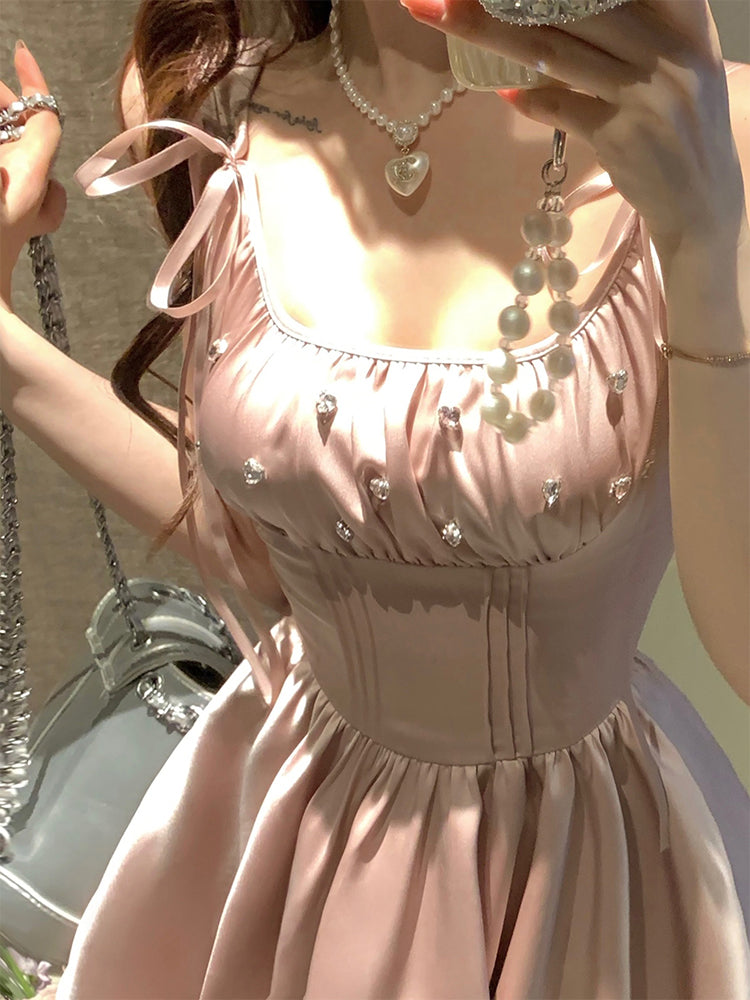 Lazy Girl Antique Doll Pearl Pink Strap Dress