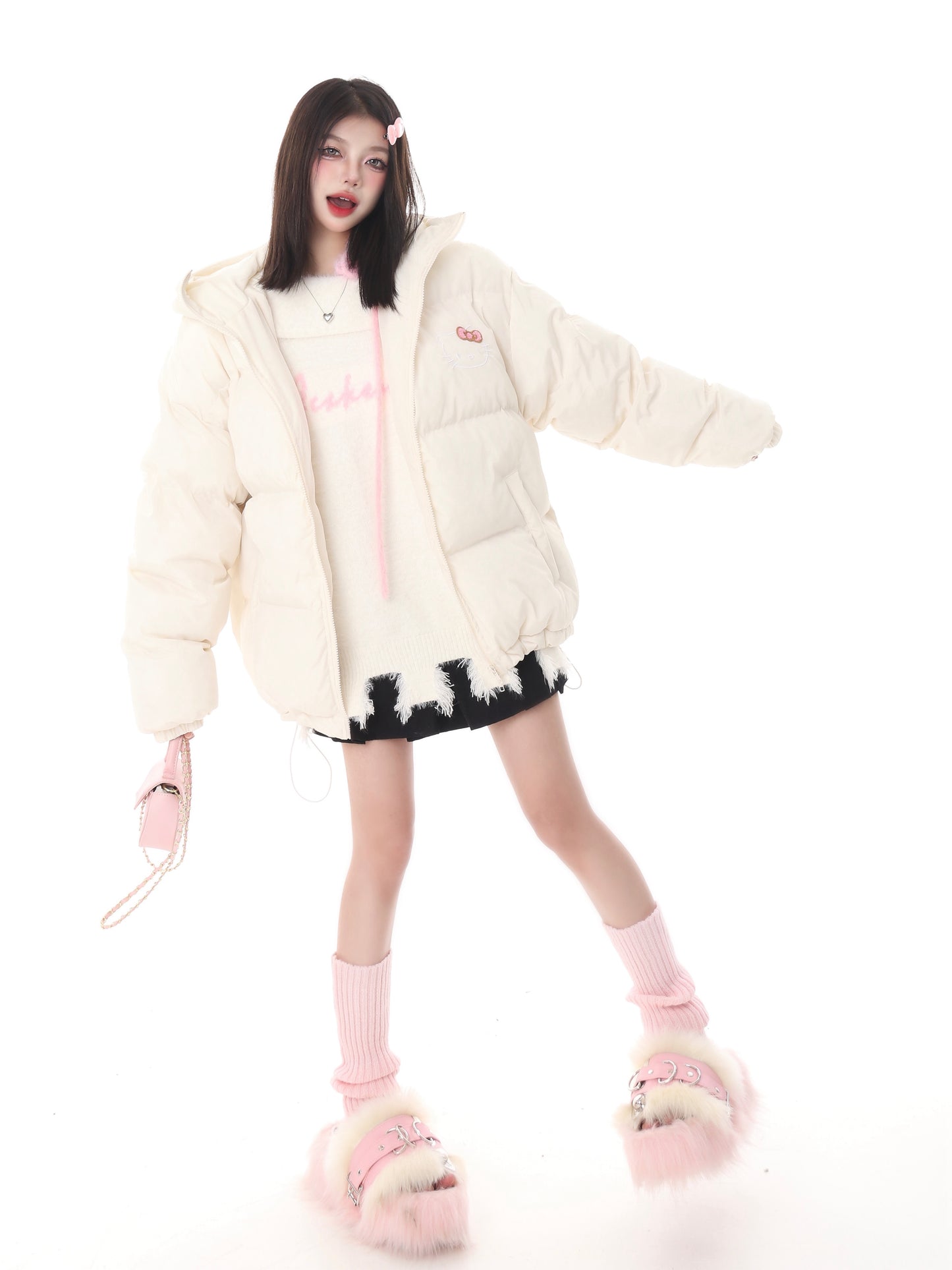 Pink White Blue Cartoon Kitty Cat Winter Thick Padded Puffer Jacket