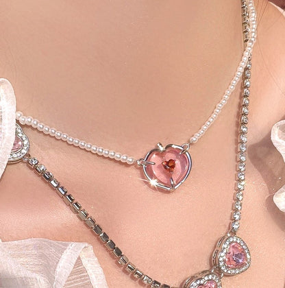 Luxury Peach Pink Diamond Pearl Pendant Necklace