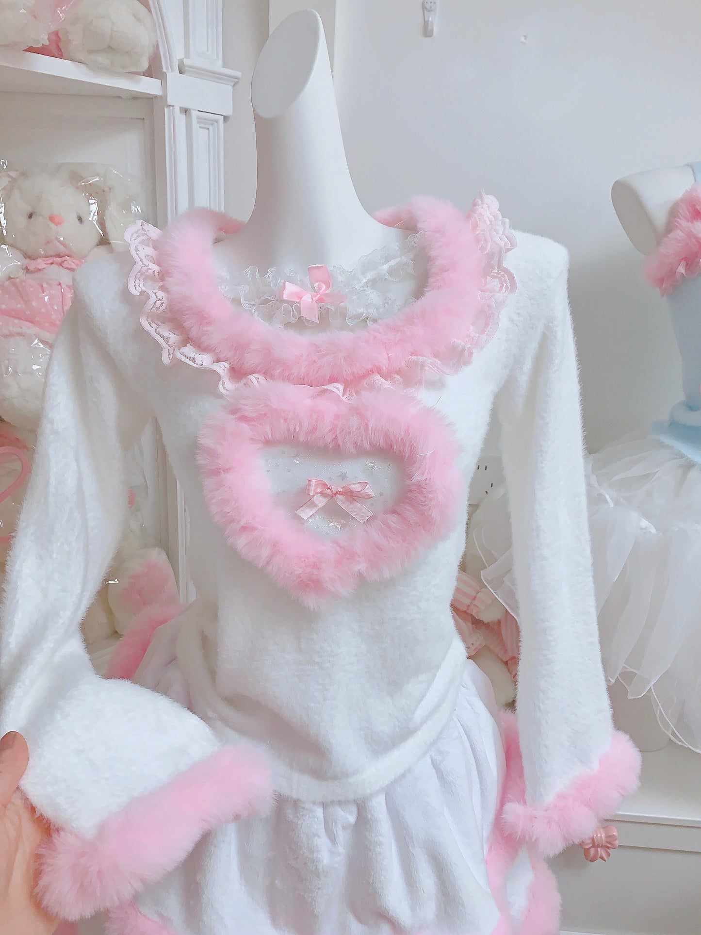 Candy Fairy Winter Pink Fur Plush Bodycon Sweater Top & Ruffled Skirt Two Piece Set