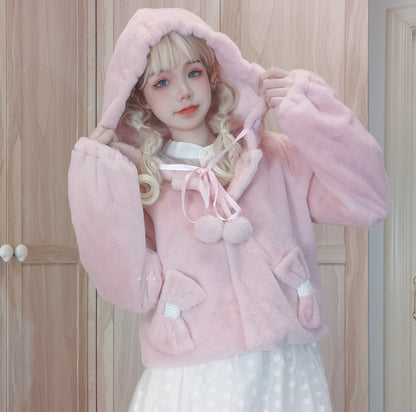 Pompom Bow Plush EGL Hooded Jacket Winter Coat