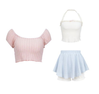 Serendipity Balletcore White Lace Halter Neck Tank Top & Pink Shirt & Blue Skirt Three Piece Set