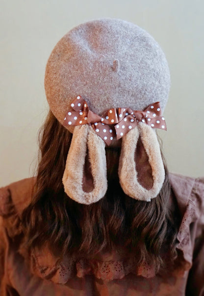 Cute Autumn Fall Handmade Lolita Brown Black Pink Lop Eared Rabbit Polka Dot Bow Wool Beret Hats