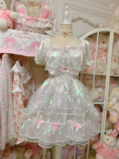 Candy Fairy Run Away Princess Sparkling Ruffled Layered Puff Sleeve White Dress