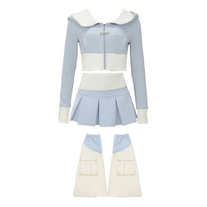 Serendipity Autumn Blue Zip Up Hoodie Jacket & Pleated Mini Skirt & Leg Warmers Three Piece Set