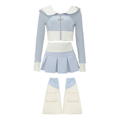 Serendipity Autumn Blue Zip Up Hoodie Jacket & Pleated Mini Skirt & Leg Warmers Three Piece Set