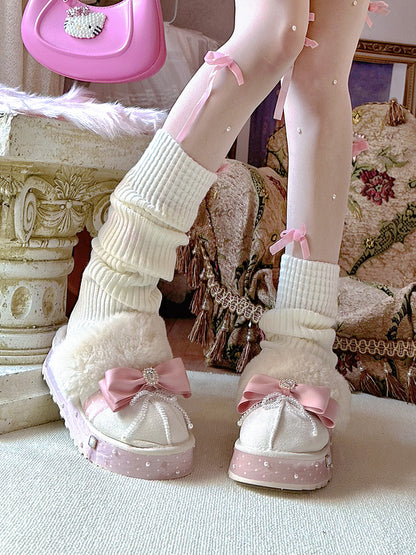 Pinky Coquette Luxury Pink Bow Velvet Snow Winter Plush Slippers Shoes