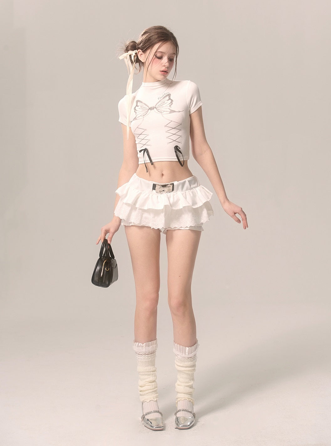 Young Eyes Butterfly Coquette Bow White & Gray Shirt Top