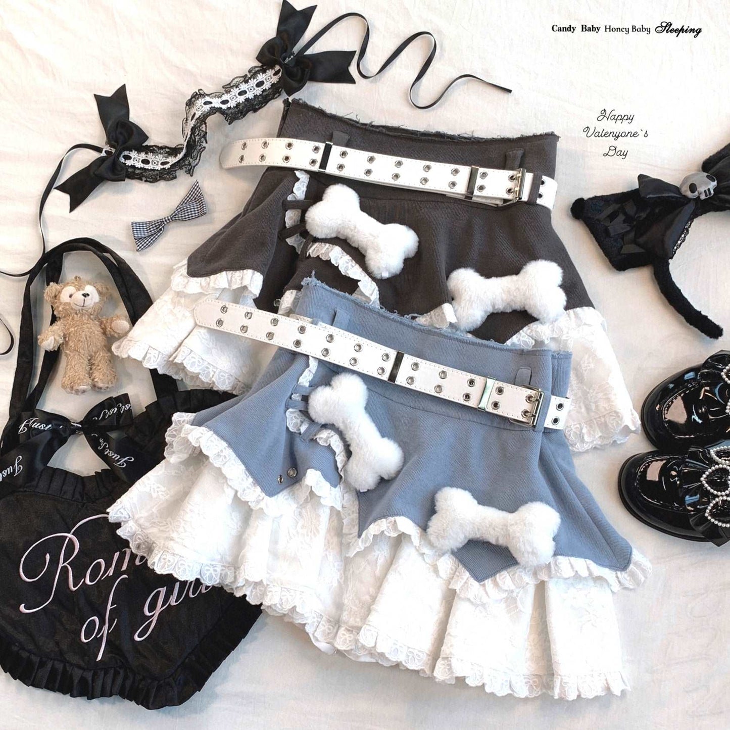 Dormir Doll Y2K Plush Bone Blue & Gray Lace Ruffled Mini Skirt