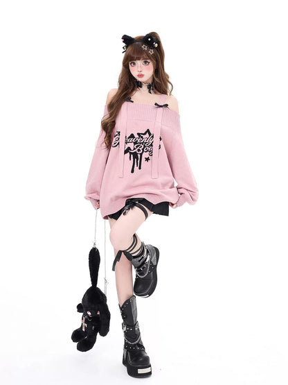 Crazy Girl Heavenly Body Star Black Pink Knit Off Shoulder Sweater