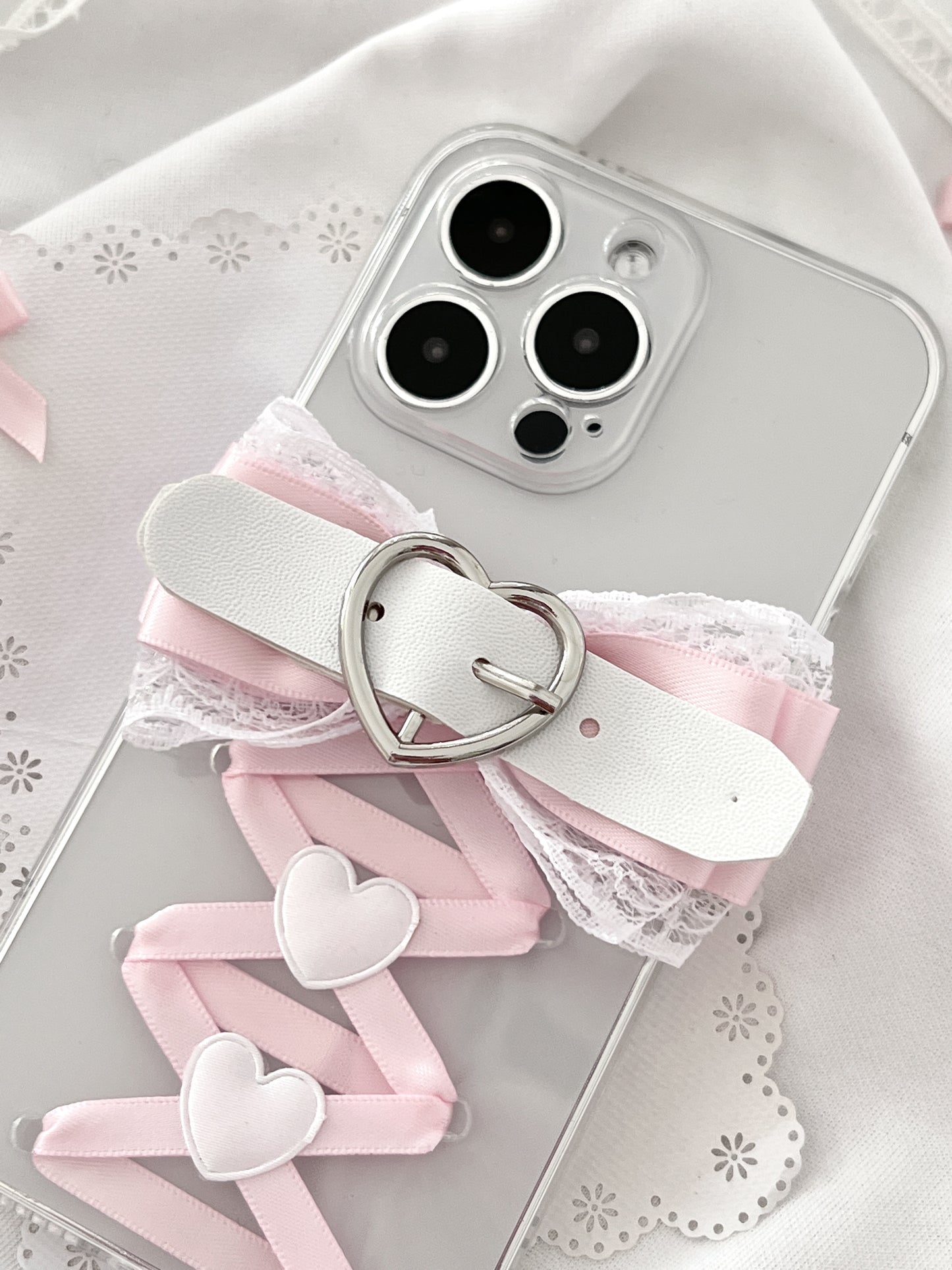 Sweet Coquette Balletcore Pink Bow Heart Handmade Transparent Silicone Phone Case