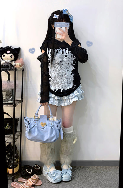 Kitten Bullet Doll Dependence Black & White Hollow Knit Sweater Hoodie Top