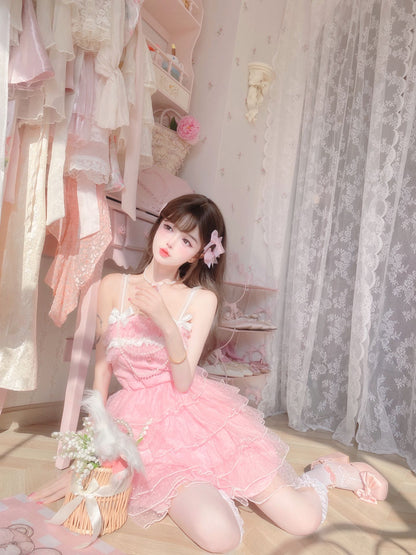 Candy Fairy Coquette Light Pink Party Princess Ruffled Strap Dress