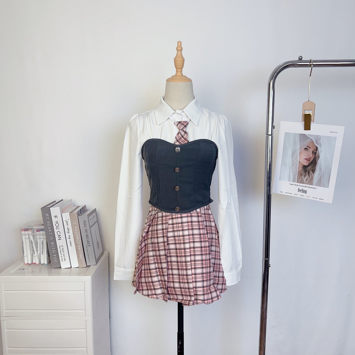 Student College Style Shirt Vest Pink Plaid Tie Pleated Skirt Two Piece Set