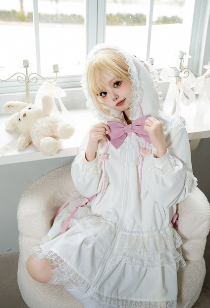 Universal Lolita Daydream Sweet Pink White Rabbit Ear Lolita Hooded Coat Dress