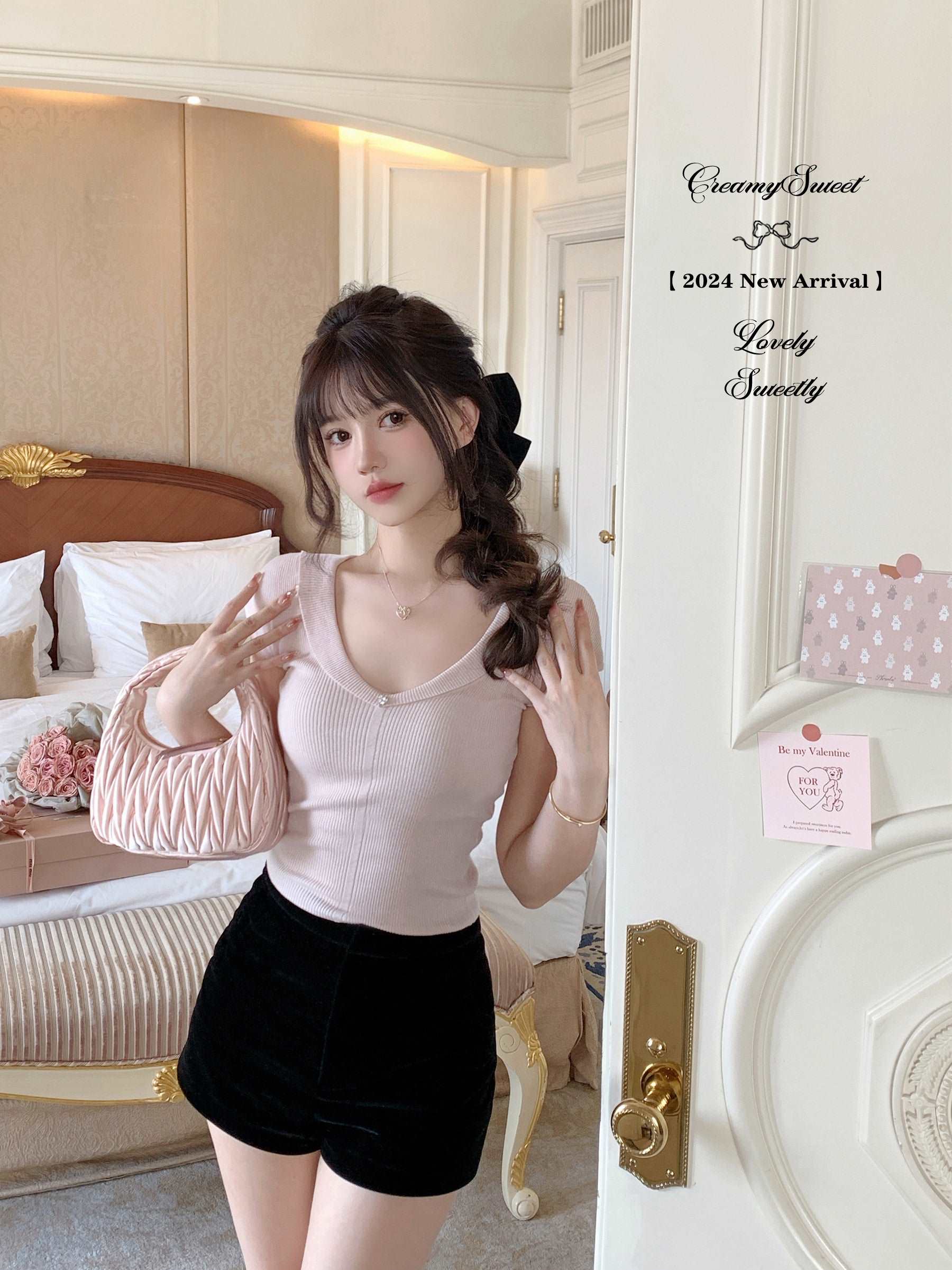 Creamy Sweet Charming Love Pink Black White Slim Fit Shirt Top