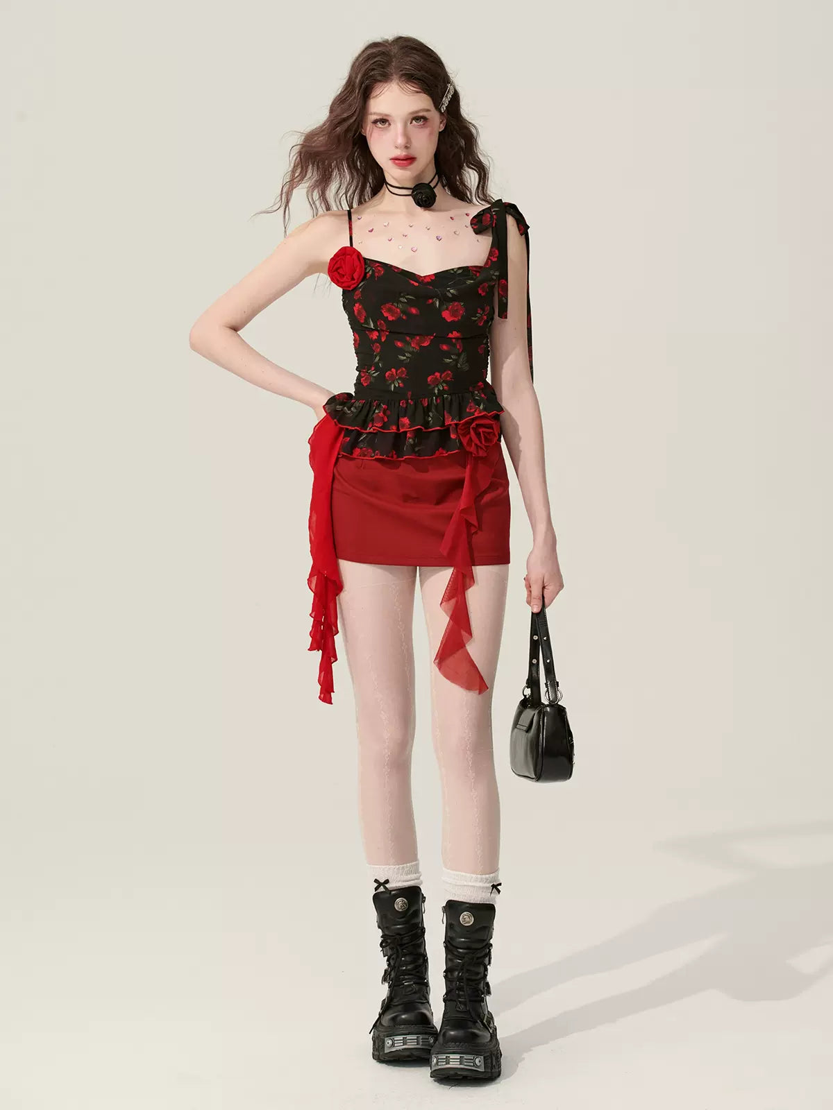 Young Eyes Blazing Rose Black Cami Top & Red Skirt Two Piece Set