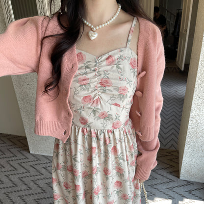 Ruellia Spring Rose Floral Strap Dress & Pink Cardigan Two Piece Set