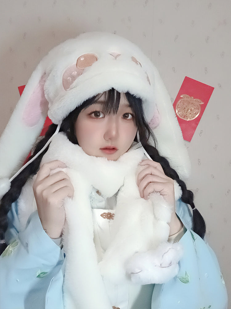 Cute White Rabbit Hanfu Lolita Style Winter Hat Pocket Scarf Set