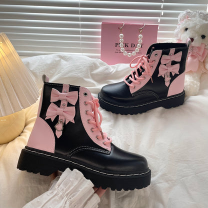 Pink Bows Black Platform Combat Boots