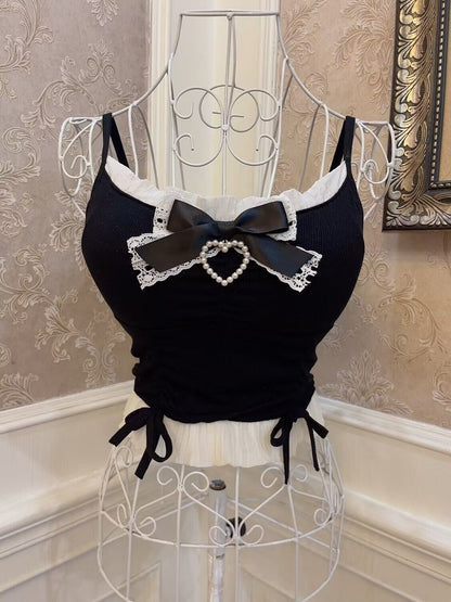 Sweetheart Princess Lace Bow Heart Black Camisole Top