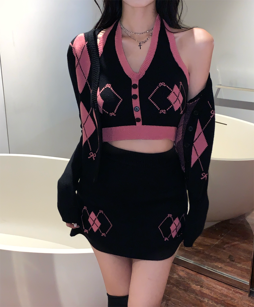 Knit Punk Black Pink Diamond Pattern Tank Tops Cardigan Skirt Three Piece Set