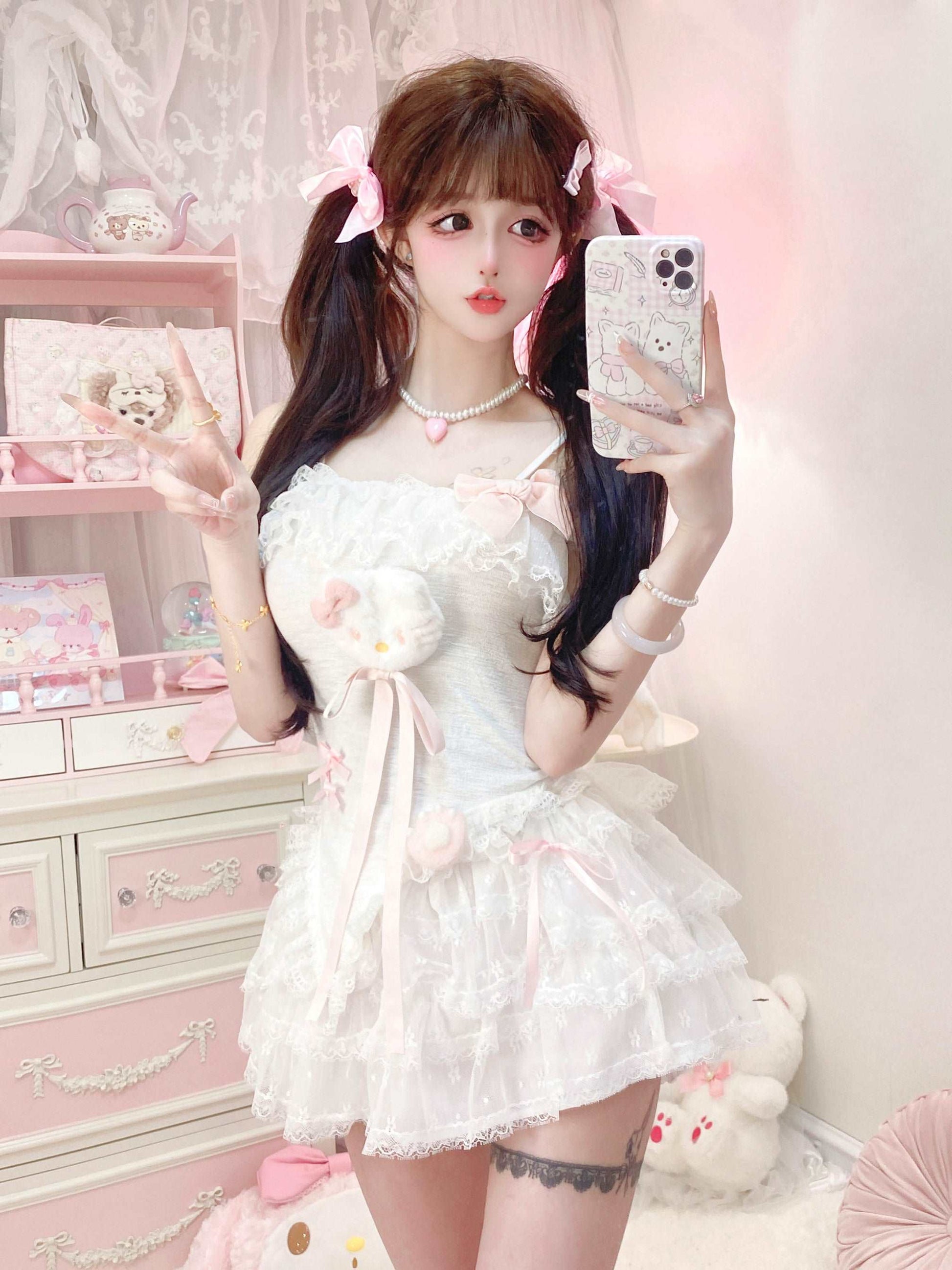 Candy Fairy Angel Kitty Camisole Top & White Cardigan & Ruffle Skirt Three Piece Set