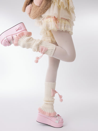 Sweet Lolita Pink Bow Pompom Balls Knit White Leg Warmers