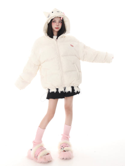 Pink White Blue Cartoon Kitty Cat Winter Thick Padded Puffer Jacket