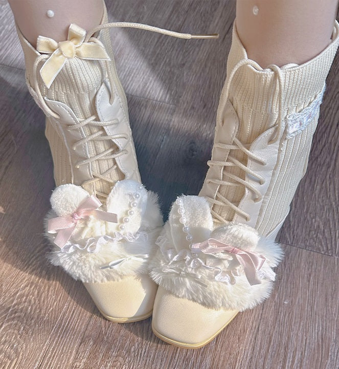 Pinky Rabbit Ears Plush Pearl Knit Coquette Winter Heels Boots Shoes & Lace Balletcore Leg Warmers