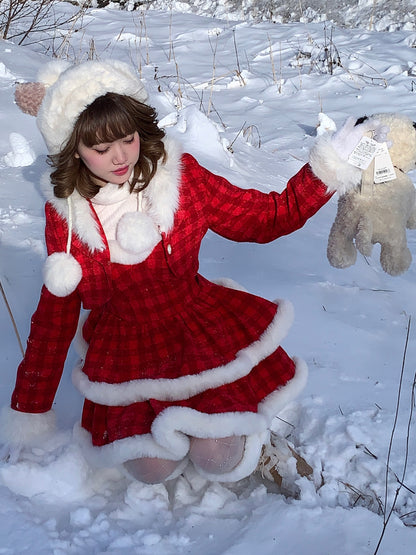 Picnic Girl Winter Holiday Christmas Plaid Red Strap Ruffled Dress & Little Jacket Two Piece Set