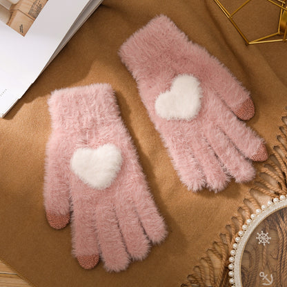 Cute Plush Heart Shaped Pastel Pink White Gray Navy Blue Winter Touchscreen Gloves