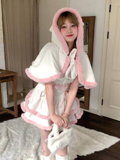 Picnic Girl White Pink Winter Ruffled Strap Dress & Bear Ears Hooded Cloak Cape Two Piece Set