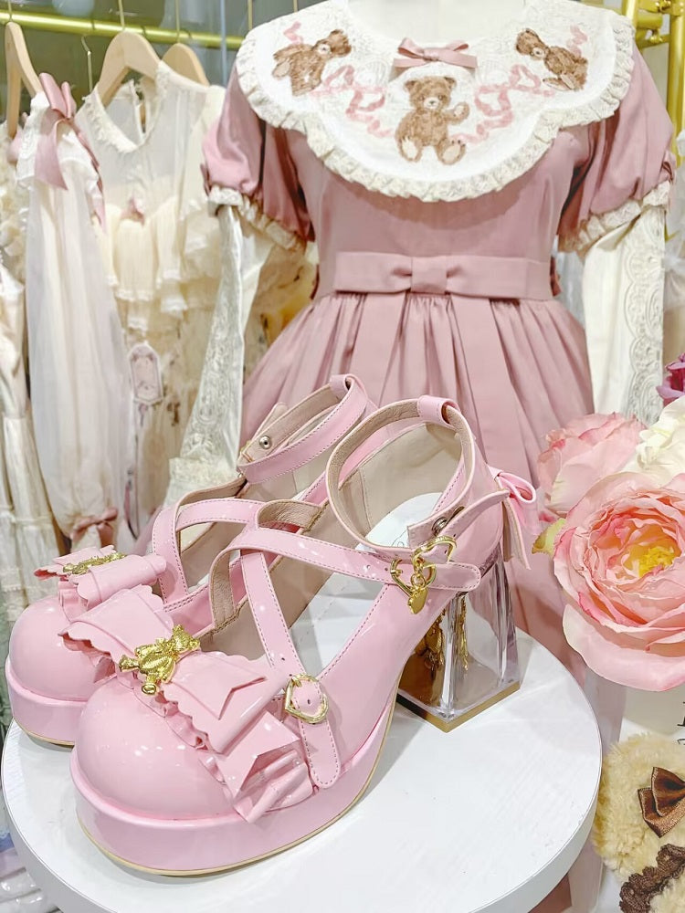 Moeka Chan Lolita Red Dream Bear Transparent Glass High Heels Shoes