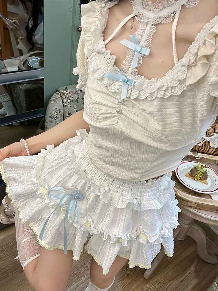 Serendipity Almond Milk White Blue Lace Top & Skirt Two Piece Set