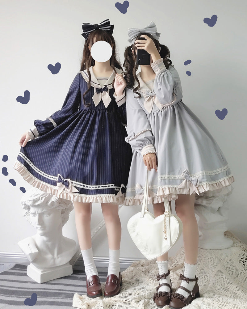 Lolita Sailor Collar Navy Blue & Sky Blue Bow Long Sleeve Dress