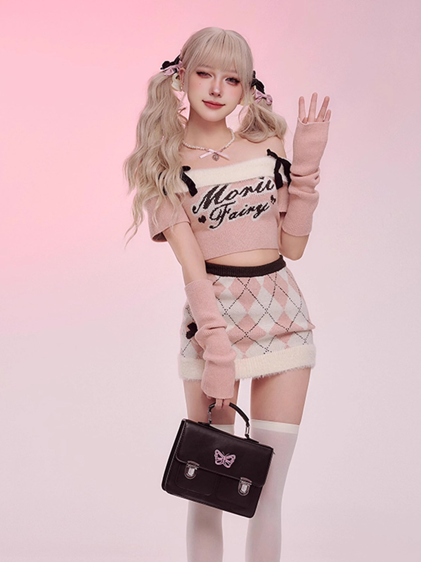 Serendipity Autumn Winter Pink Off Shoulder Knit Sweater & White Argyle Mini Skirt Two Piece Set