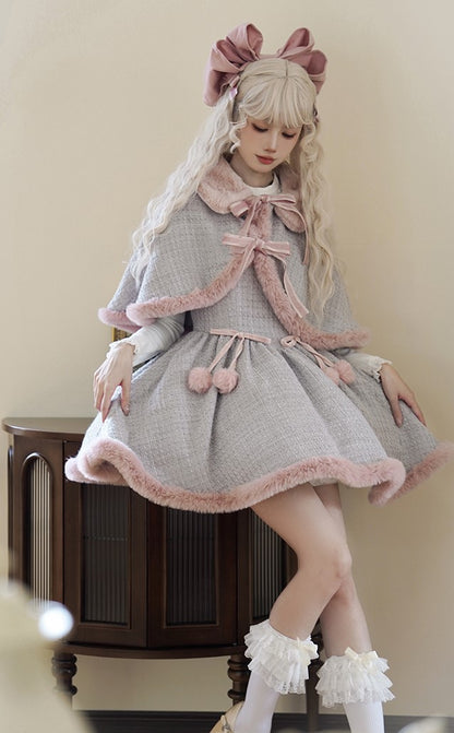 Universal Lolita Winter Blue & Pink Tweed Plush Cape Cloak Strap Dress Two Piece Set