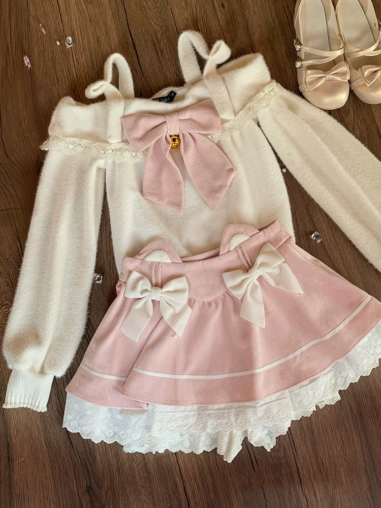 Serendipity Flower Ripple Sailor Collar Top & Pink Cat Ears Skirt Two Piece Set