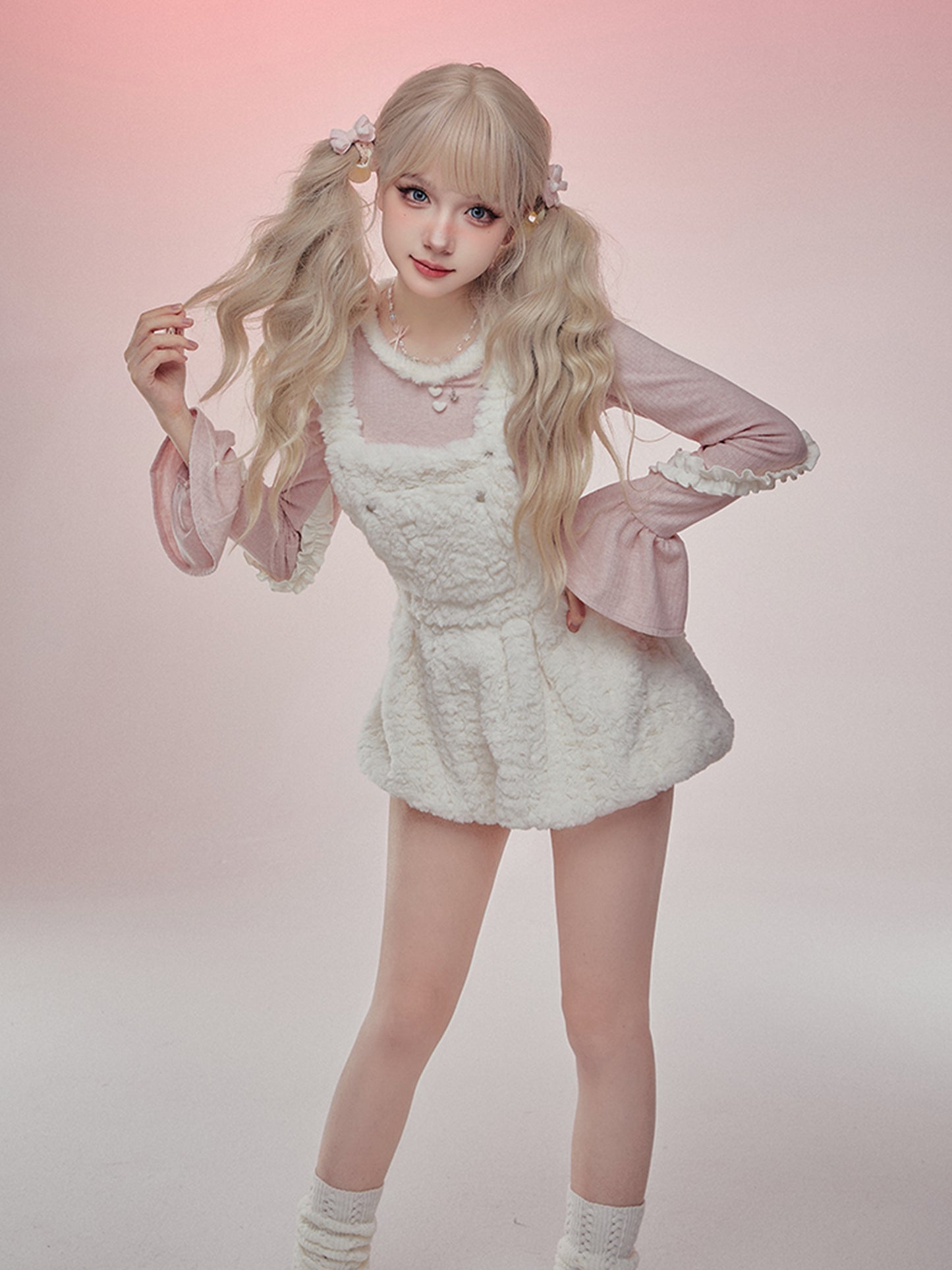 Serendipity Winter Peach Pink Sweater Top & Fur Plush White Suspender Dress Two Piece Set