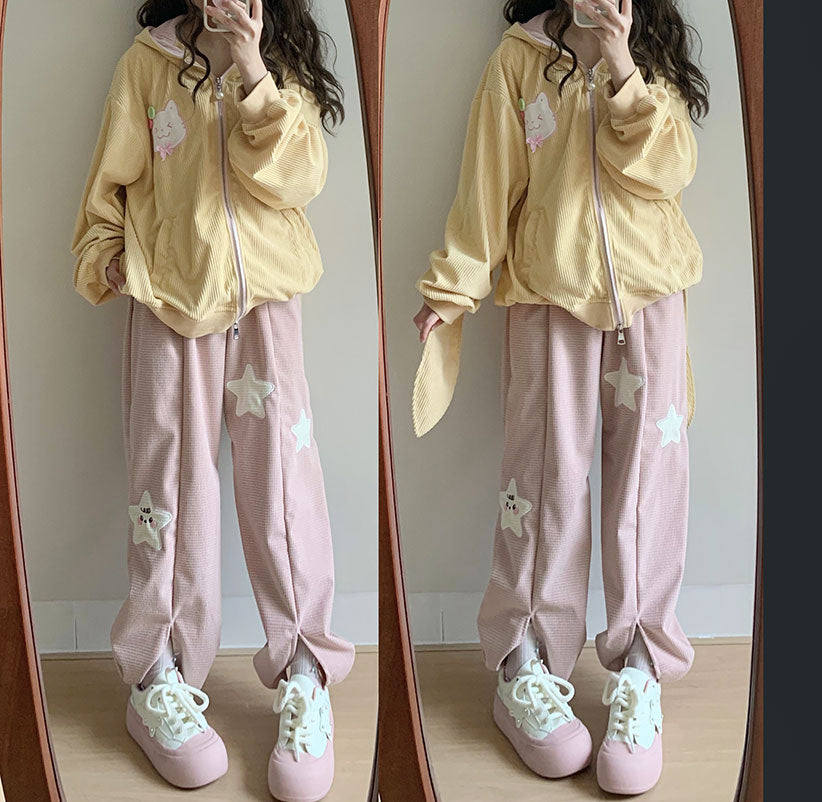 Three Stars Loose Casual Slit Corduroy Pants