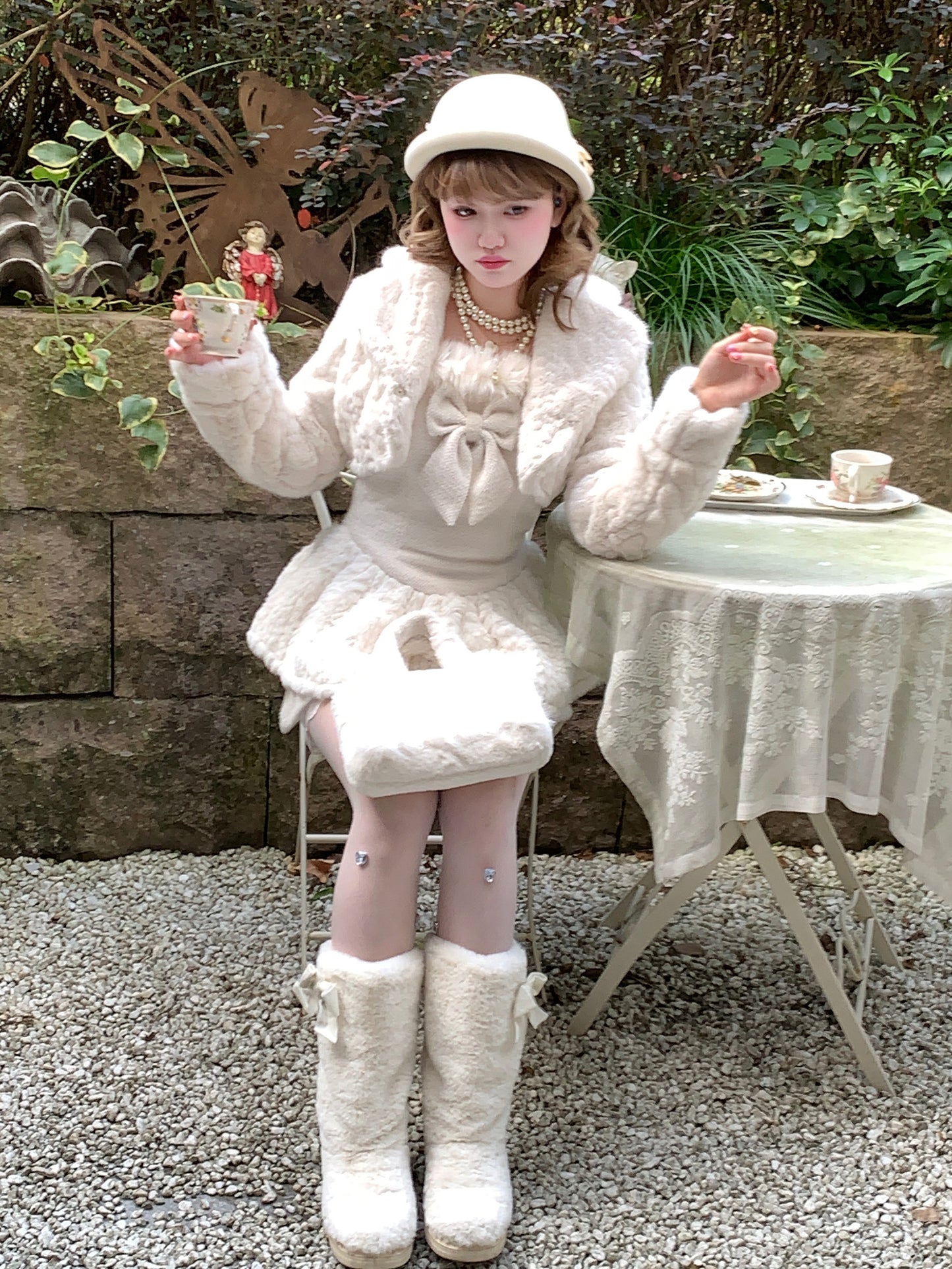 Picnic Girl Winter White Bow Strap Dress & Little Fur Jacket Two Piece Set